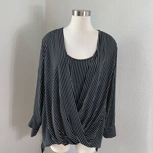 Tahari Woman Plus 2X Black White Striped Drape Front Blouse Long Sleeve Shirt